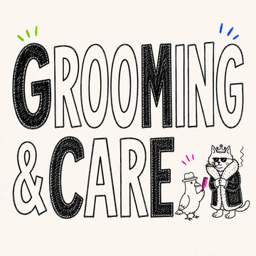 Hand-drawn Grooming & Care category card for The Apartment Cat