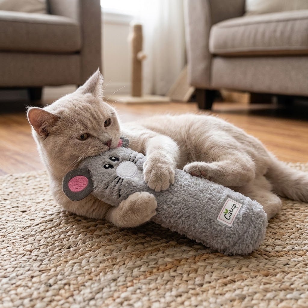 Gray cat cuddling a mouse-faced gray cuddle sock toy with Catnip label