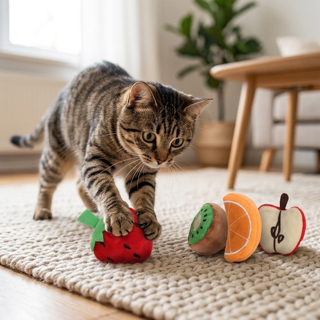 Tabby cat exploring plush watermelon, orange slice, and apple toys from set