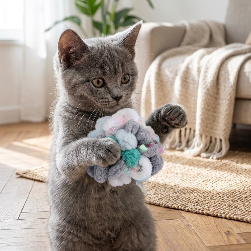 Fluffy gray yarn crinkly ball toy with pastel pom and ribbon tags
