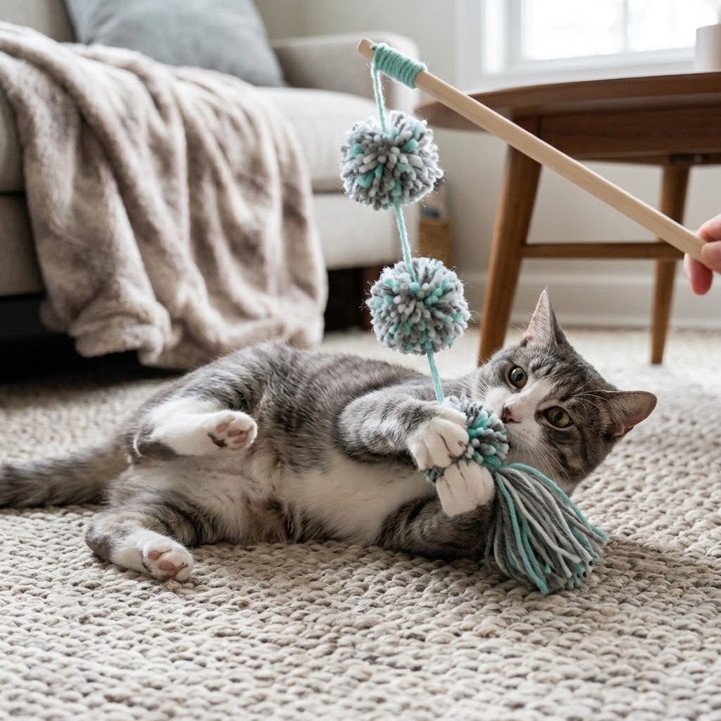 Cat toy wand with yarn pom-poms and teal tassel cord near a lounging cat