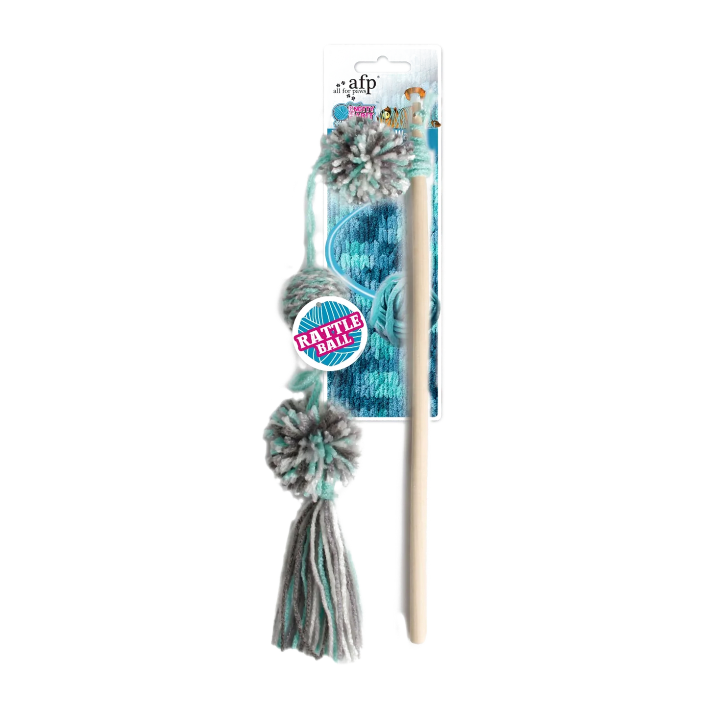 Cat toy wand with yarn pom-poms on blue backing card, white handle