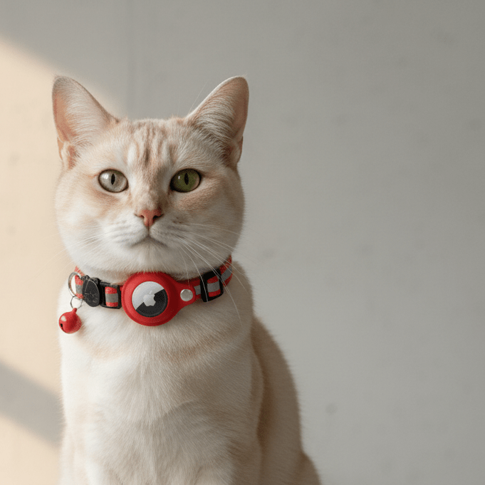 Red AirTag cat collar on cat, with round holder and bell charm
