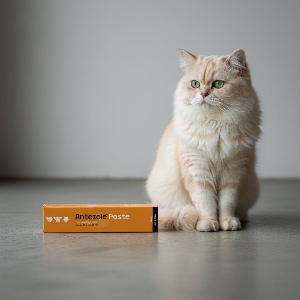 Antezole Paste 15 ml orange carton, small box on surface