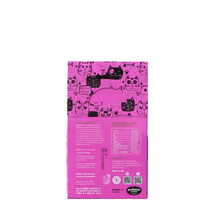 Cat treats box back in pink with cat illustrations and nutrition panel, 200g
