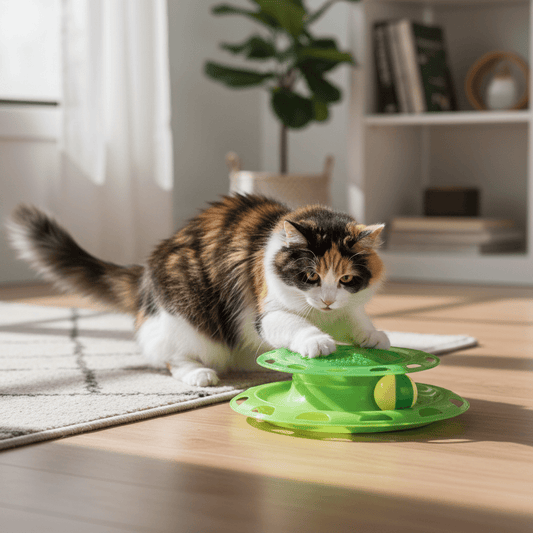 Green and yellow catnip chaser toy on the floor with vented dome and side cutouts