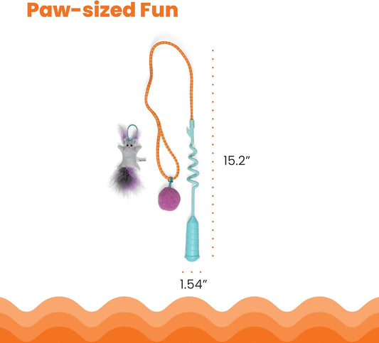 Cat teaser wand with orange cord, teal spring handle, gray mouse plush, purple pom ball