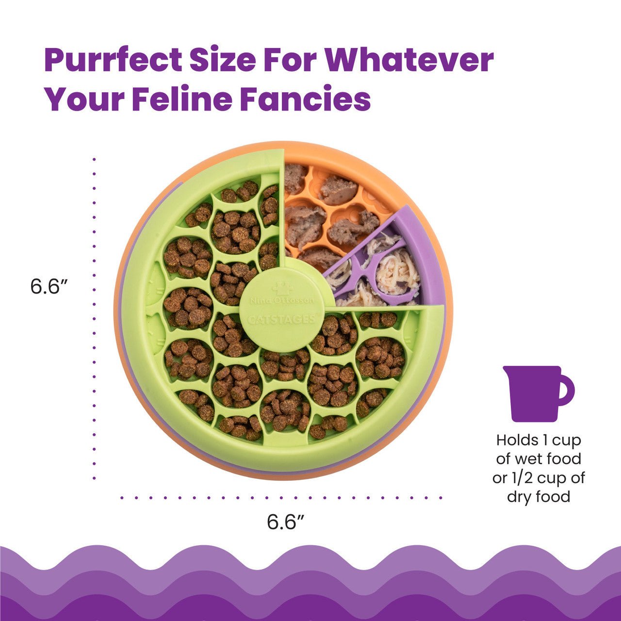 6.6-inch multilayer cat feeder bowl with lime, purple, and orange cup layers