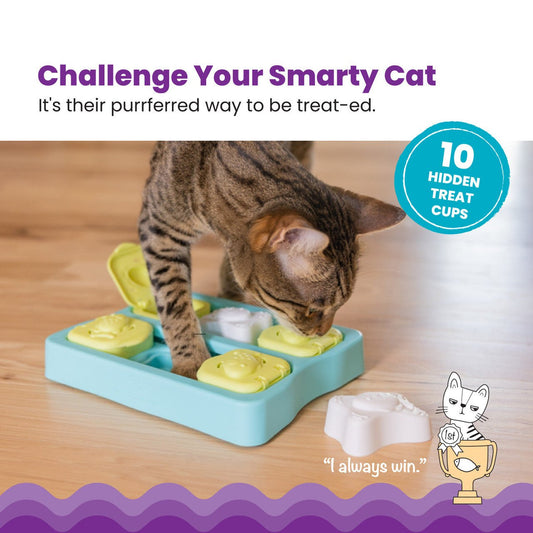 Blue cat treat puzzle with green compartments and tabs, used by a tabby cat