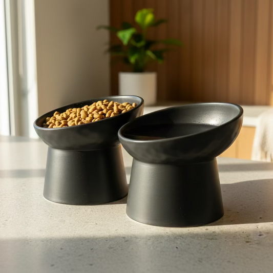 Set of two dark tilted ceramic cat bowls on a countertop