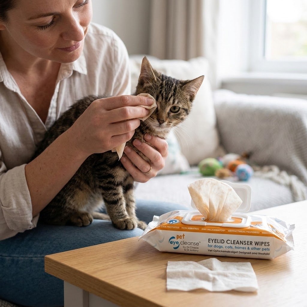 Pet eye cleanser wipes on tabletop, 80-count pouch with one wipe tissue showing.