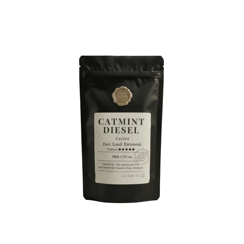 Catmint Diesel catnip pouch, black standing bag with front label