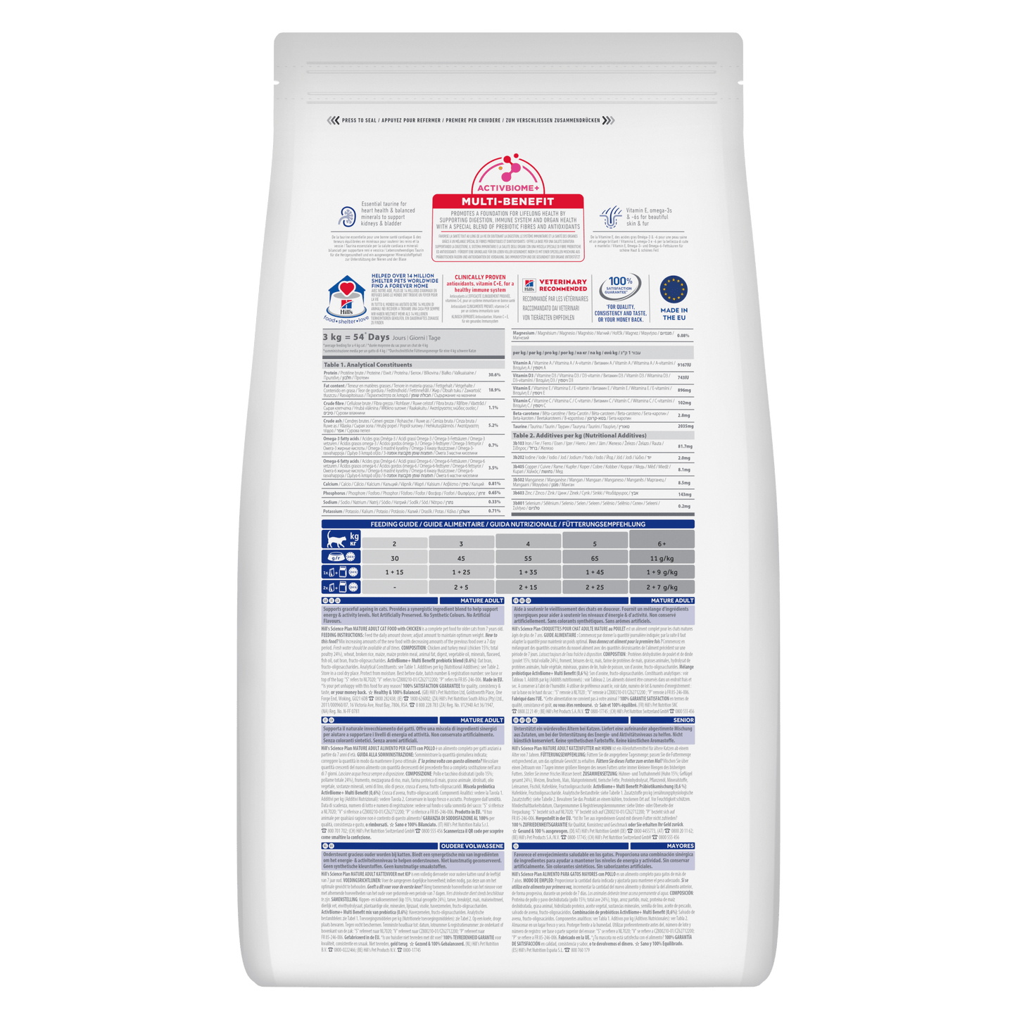 Hill's Science Plan mature adult cat food bag, back label with feeding and nutrition tables