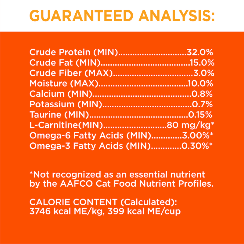 Adult cat food analysis label: 32% protein, 15% fat, 3% fiber, 10% moisture