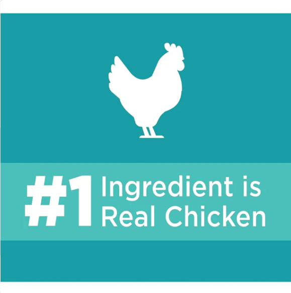 Cat food label graphic with #1 ingredient real chicken and white chicken silhouette