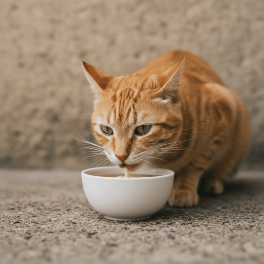 Orange tabby cat eating from small white bowl filled with broth and flakes