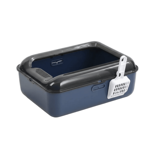 Blue semi-covered kitten litter box with scoop clipped to the side