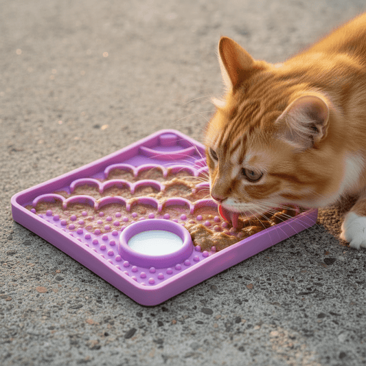 Purple LickiMat Catster slow feeder on floor with kitten licking raised nubs