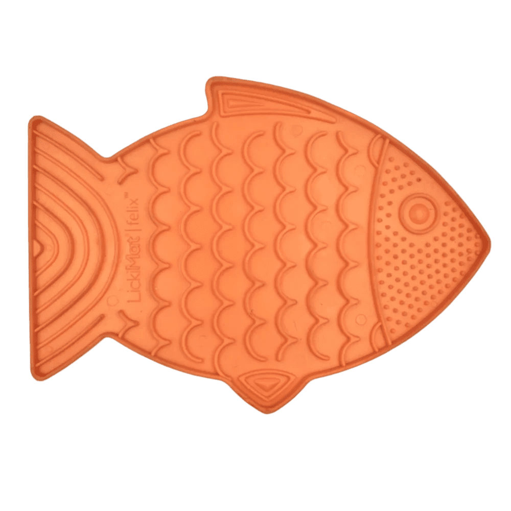 Orange fish-shaped cat slow feeder with raised licking nubs and ridged