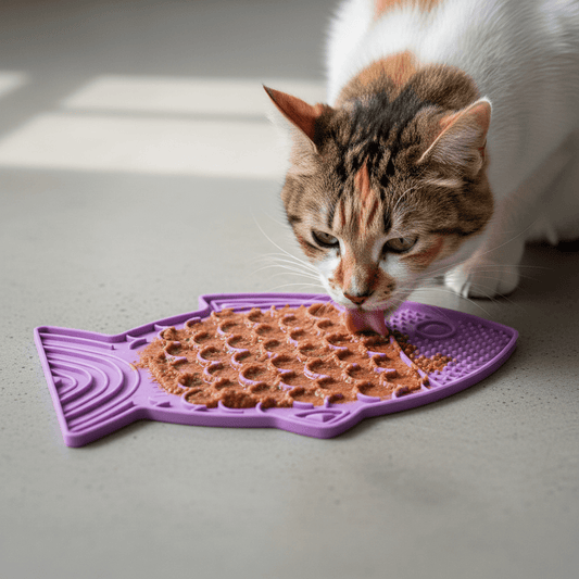 Tabby cat licking from purple fish-shaped slow feeder with textured nubs