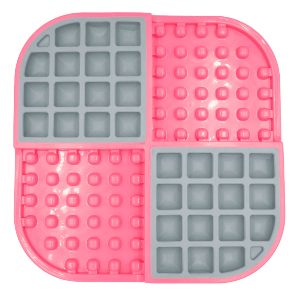 Slow feeder cat feeding mat with pink silicone and gray puzzle sections