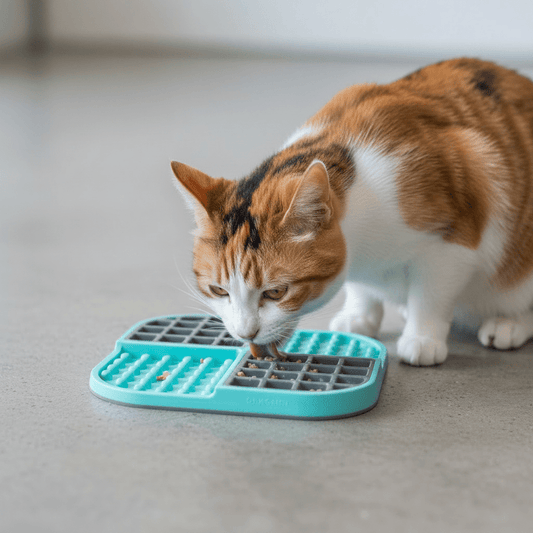 Cat eating from turquoise slow feeder silicone mat with raised puzzle cavities