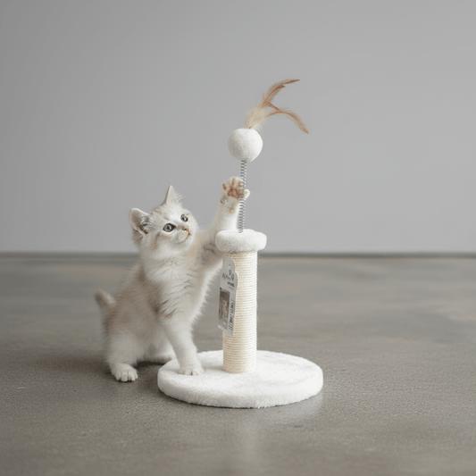 White kitten cat tree with fuzzy post, hanging pom ball, and feather toy with kitten
