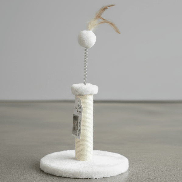 Cream and white kitten cat tree with fuzzy ball top, dangling pom, and round base