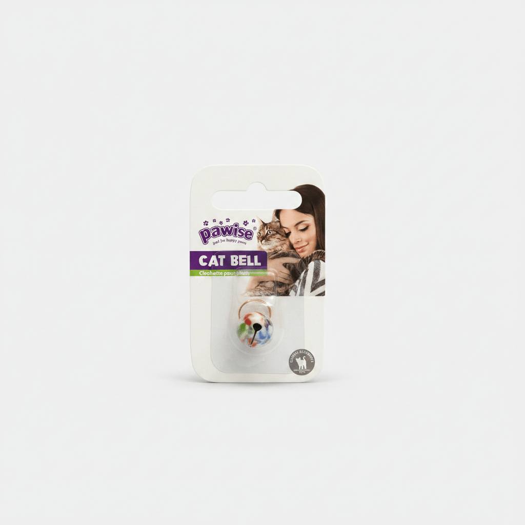 Pawise Cat Bell blister pack on card, showing bell with colorful pattern