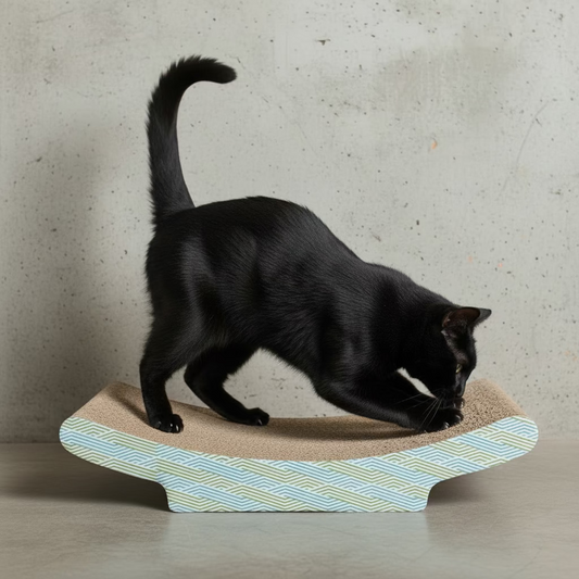 Corrugated cat scratcher with blue trim; black cat kneading on beige surface