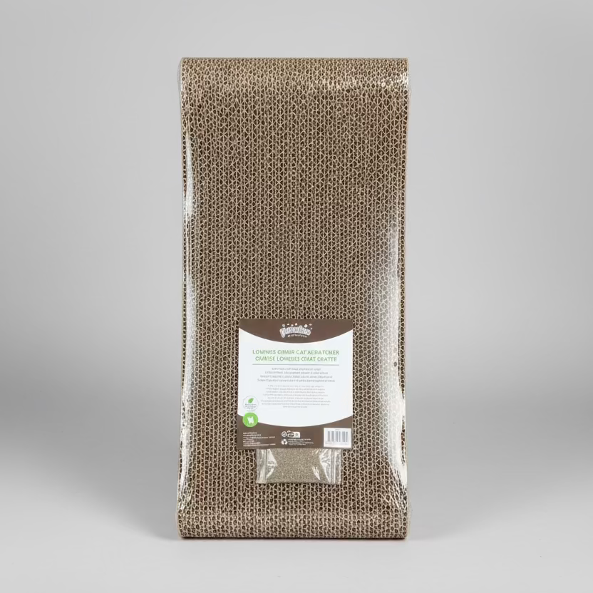 Rectangular corrugated cat scratcher sheet in beige with diamond texture