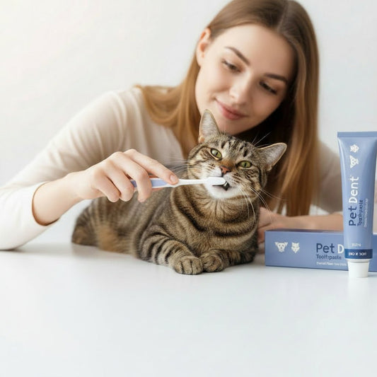 Pet Dent toothpaste tube for pets, blue squeeze tube beside pet dental box