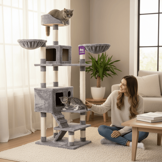 Gray cat tree with sisal posts, cushioned perches, and black cubby; cat lounging