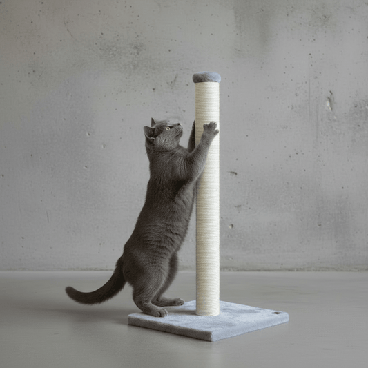 Cream sisal cat scratching post with gray square base; gray cat pawing the post