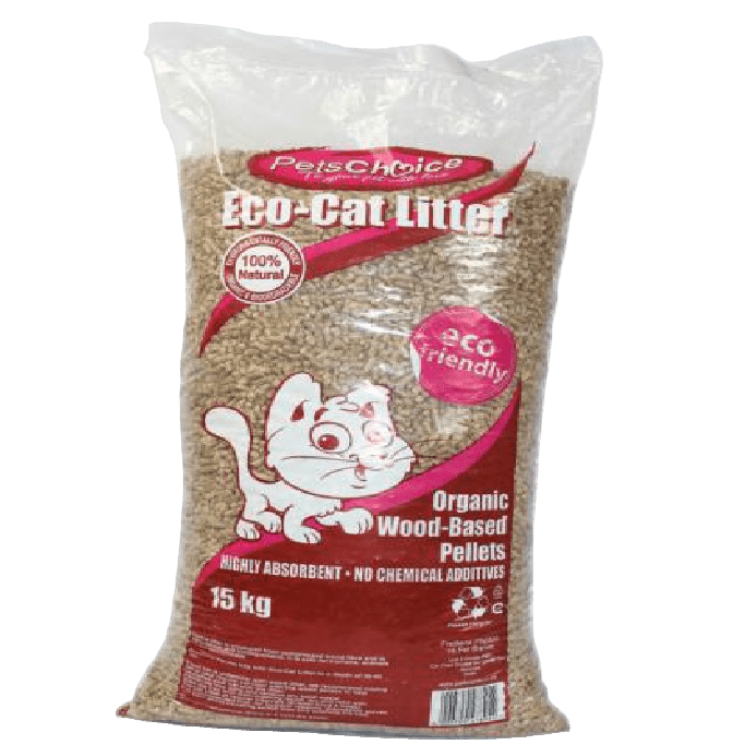 Organic wood-based cat litter pellets bag, white with pink branding and 15 kg label