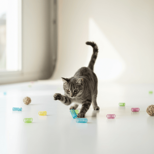 Tabby cat batting a blue plastic spring cat toy, with other coils around it.