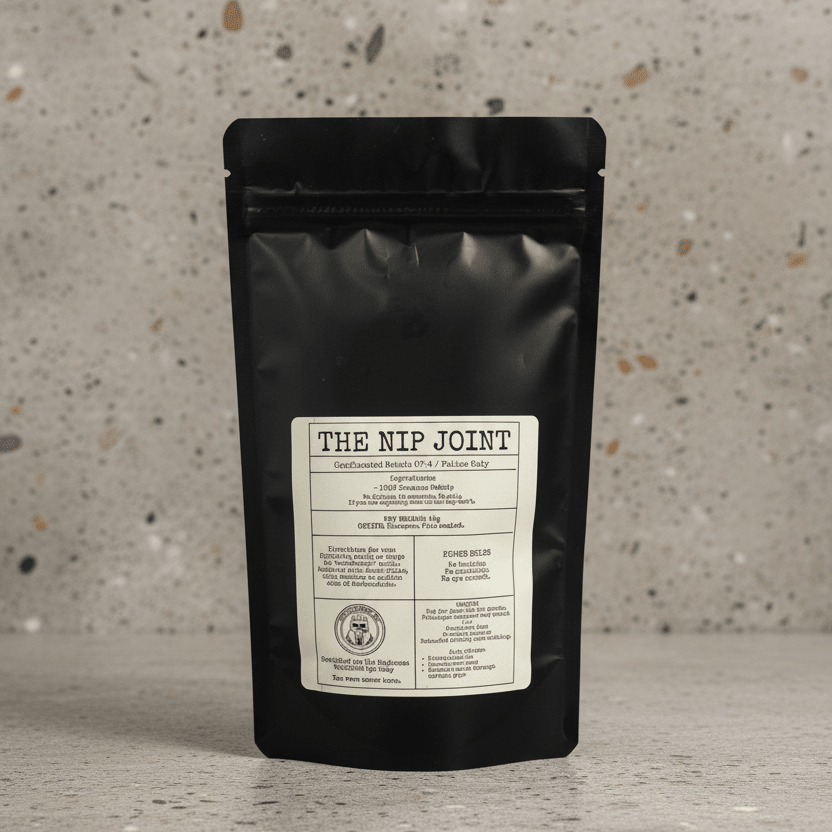Catnip pouch, black bag with white “THE NIP JOINT” label