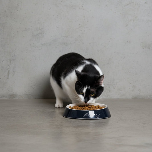 Cat eating from dark melamine fishcake-style bowl with paw-print graphic
