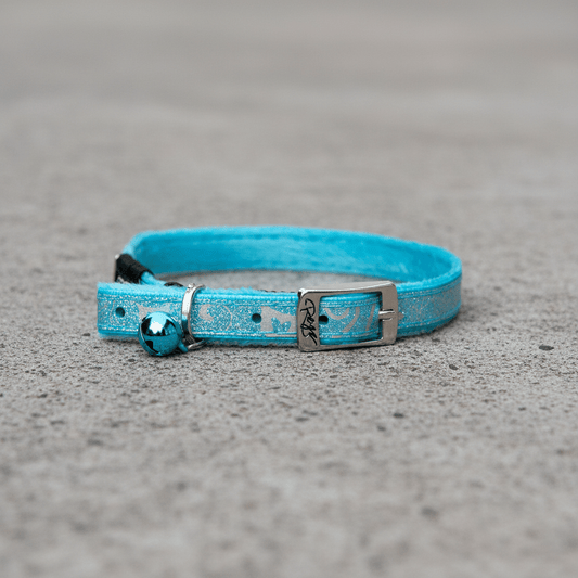 Turquoise blue cat pin buckle collar with reflective pattern and metal buckle