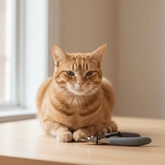 Guillotine nail clipper with soft-grip handles near an orange cat