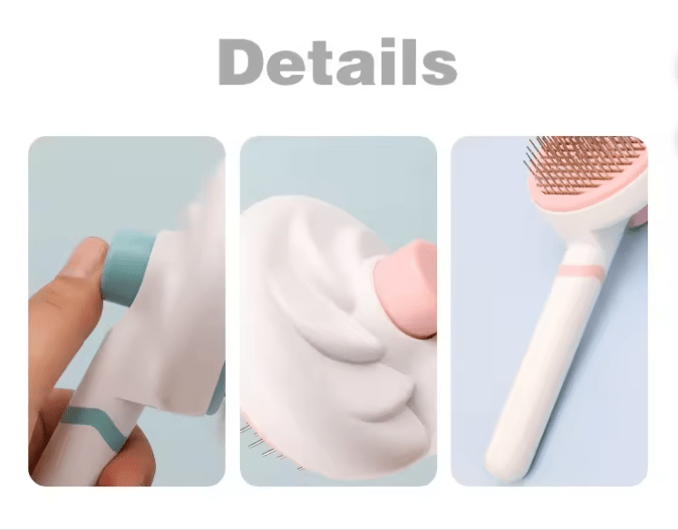 Close-up details of self-cleaning pet grooming brush heads with silicone bristles