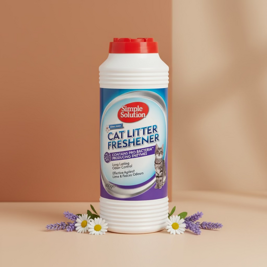 Simple Solution cat litter freshener bottle, white/red with blue label, 600g