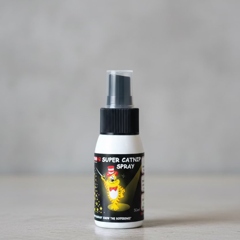 Catnip spray bottle with black pump, SUPER CATNIP SPRAY label, KUNDUCHI.