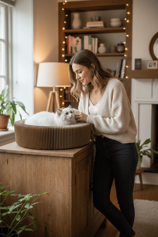 Round brown fluted cardboard cat scratch lounge bed on a table, cat inside