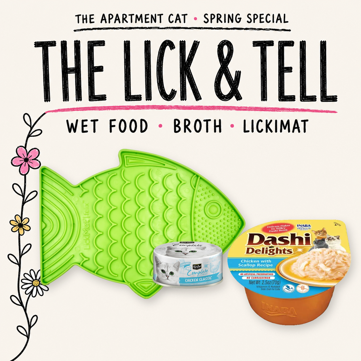The Lick and Tell wet food broth and clean green LickiMat spring special