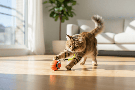 Tabby cat playing with orange interactive toy ball with tail on indoor floor.