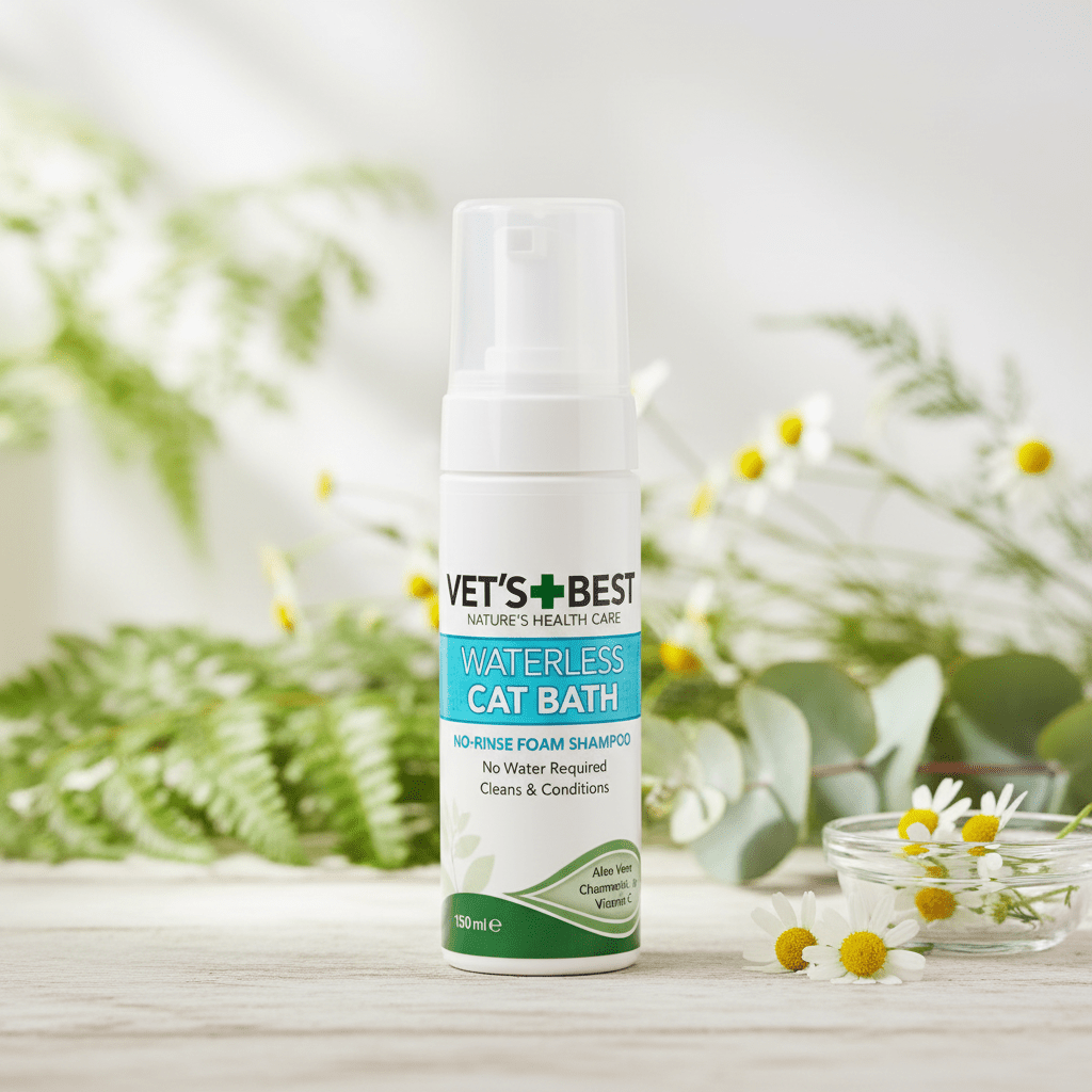 Waterless cat bath foam shampoo bottle, spray pump with Vet's Best Waterless Cat Bath label