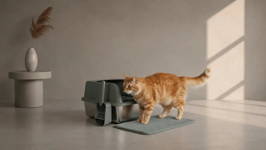 Orange cat beside a covered litter box in a modern apartment