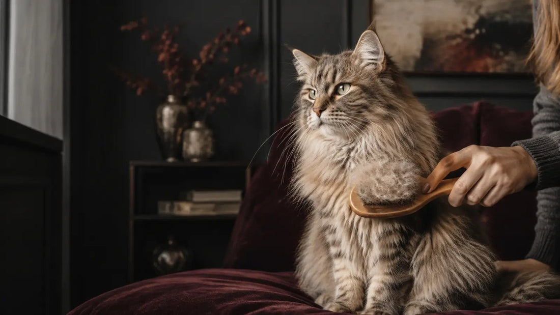 Long-haired cat being brushed to remove loose fur and help manage hairballs