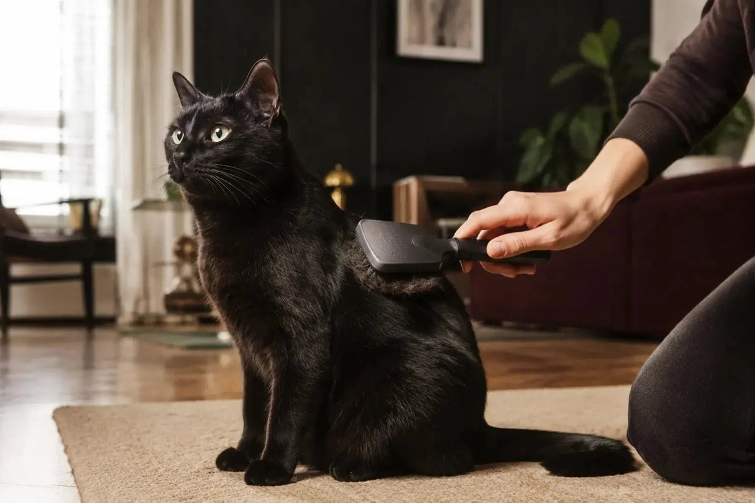 Black cat being brushed to remove loose fur and help reduce hairballs